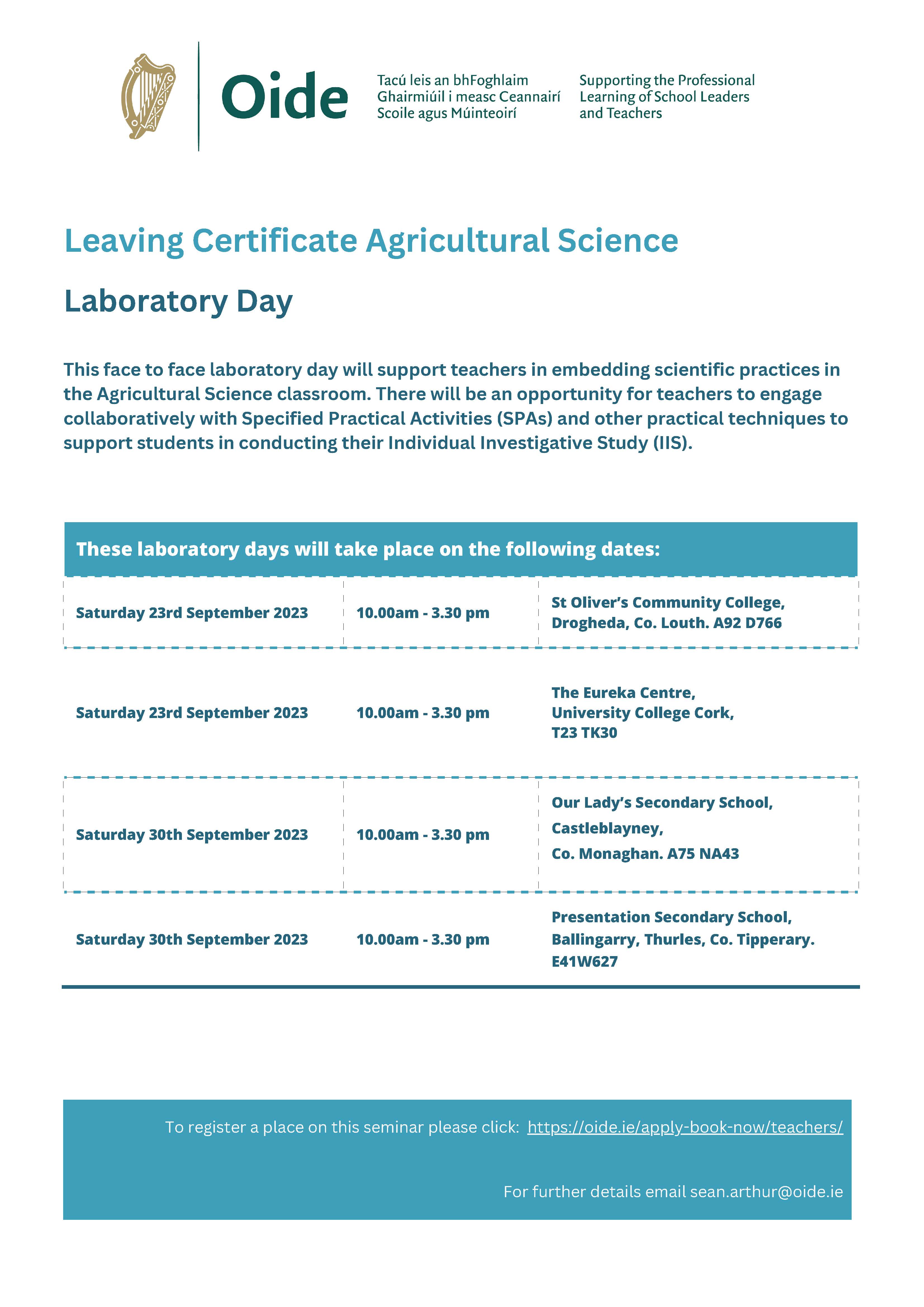 Flyer Leaving Certificate Agricultural Science Laboratory Day jpng