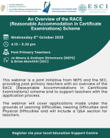 25LC 10 052 ESCI NEPS/SEC- An Overview of the RACE (Reasonable Accommodations in Certificate Examinations) Scheme: NEPS/SEC Joint Webinar - Post Primary 